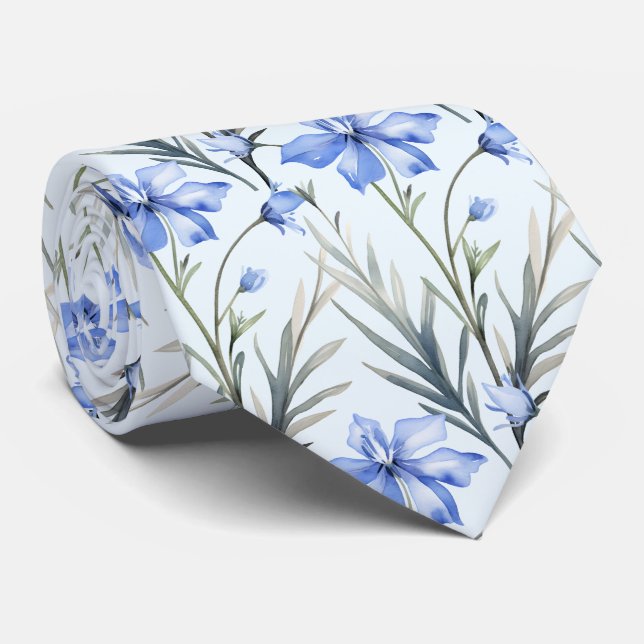 Light Blue Wildflowers Neck Tie (Rolled)