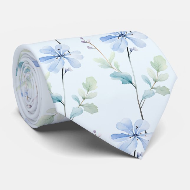 Light Blue Wildflowers Neck Tie (Rolled)