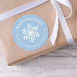 Light Blue Winter Snowflake Christmas Gift Tag<br><div class="desc">Affordable custom printed Merry Christmas round gift tag stickers personalized with your text. This simple modern holiday design features a white snowflake on a light blue background. Use the design tools to choose any background colour, edit text fonts and colours or upload your own photos to design your own unique...</div>