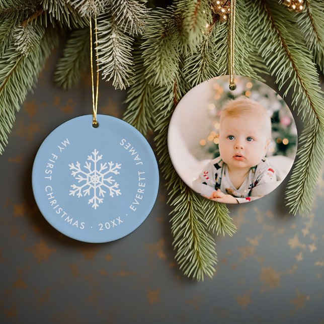 Light Blue Winter Snowflake First Christmas Photo Ceramic Ornament (Creator Uploaded)