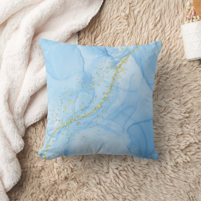  Light Blue with Gold Strands Liquid Art Throw Pillow (Blanket)