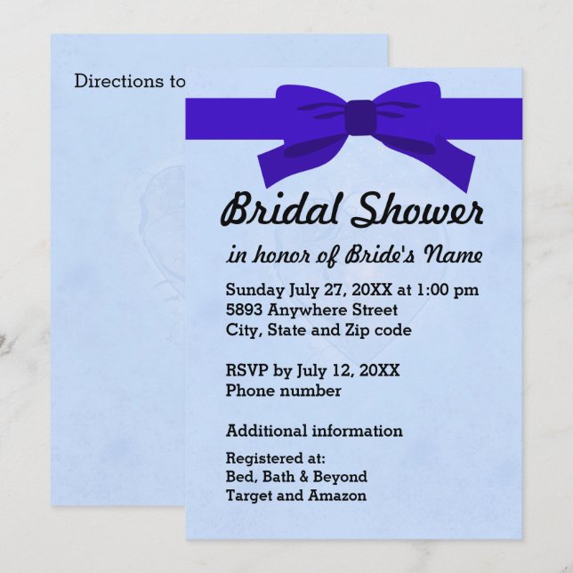 Light Blue with Heart & Blue Bow Bridal Shower Invitation (Front/Back)