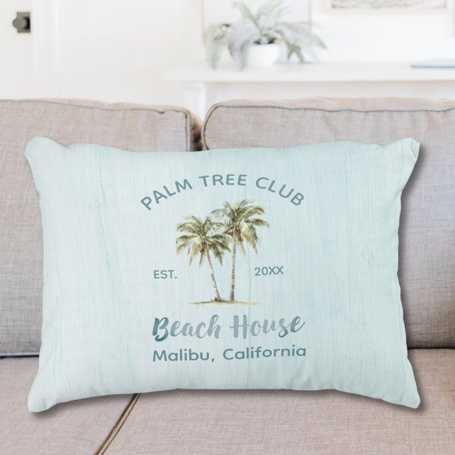 Light Blue Wood Palm Trees Modern Beach House Accent Pillow (In situ)