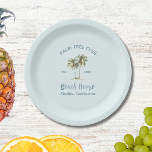Light Blue Wood Palm Trees Modern Beach House Paper Plate