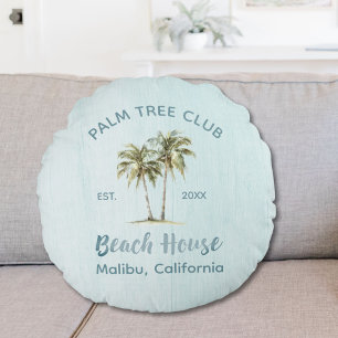 Light Blue Wood Palm Trees Modern Beach House Round Pillow