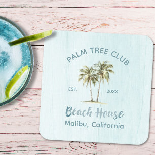 Light Blue Wood Palm Trees Modern Beach House Square Paper Coaster