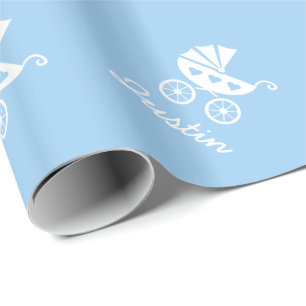 Light blue wrapping paper with cute baby carriage