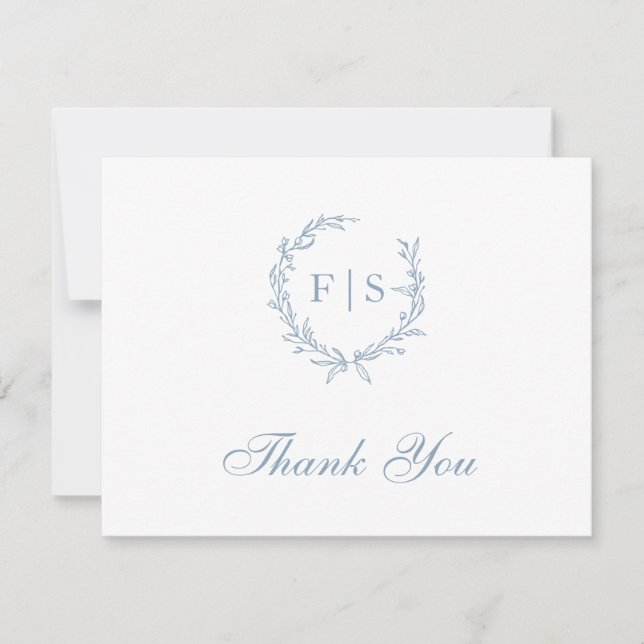 Light Blue Wreath Monogram Thank You Card (Front)