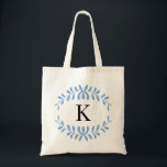 Light Blue Wreath Personalized Monogram Tote Bag<br><div class="desc">Simple, elegant, modern and trendy modern leaves or floral wreath pattern or design in Cornflower or Light Blue with a white colour background and black personalized custom Monogram or initial in a preppy font canvas Tote Bag. Click the "Customize It" button to personalize your gift to add your personalized monogram...</div>