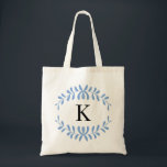 Light Blue Wreath Personalized Monogram Tote Bag<br><div class="desc">Simple, elegant, modern and trendy modern leaves or floral wreath pattern or design in Cornflower or Light Blue with a white colour background and black personalized custom Monogram or initial in a preppy font canvas Tote Bag. Click the "Customize It" button to personalize your gift to add your personalized monogram...</div>