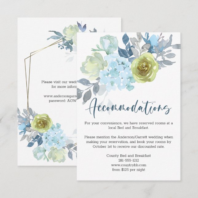 Light Blue Yellow Green Floral Wedding Enclosure Card (Front/Back)