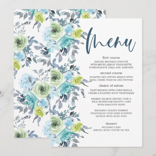 Light Blue Yellow Green Floral Wedding Menu (Front/Back)