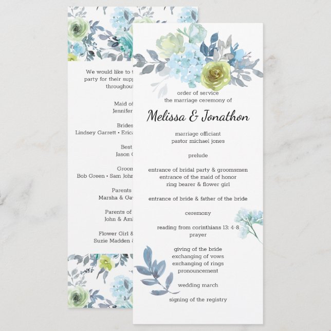 Light Blue Yellow Green Floral Wedding Program (Front/Back)