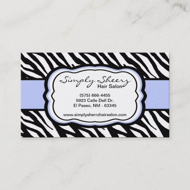 Light Blue Zebra Print Hair Salon Business Card (Front)
