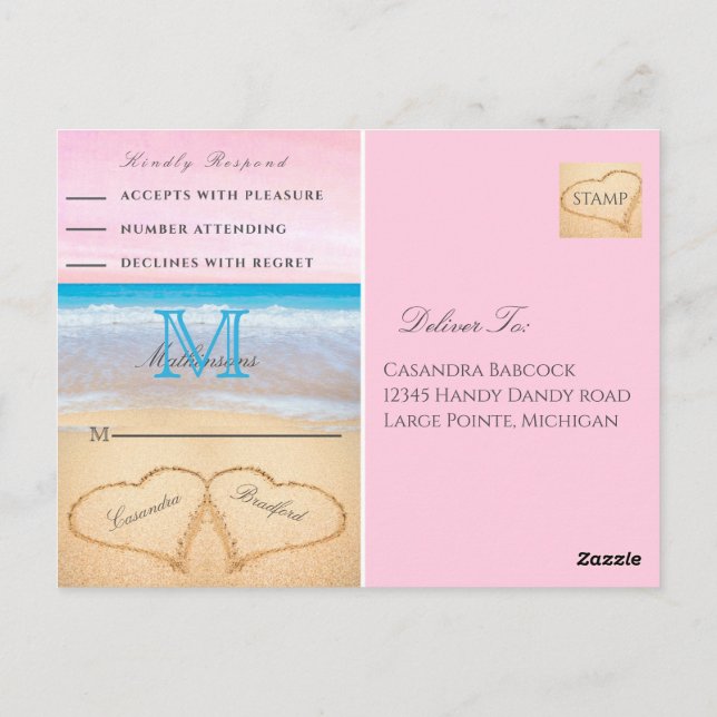 Light  Blus Pink 2 Heart Sand Beach Wedding RSVP Postcard (Back)