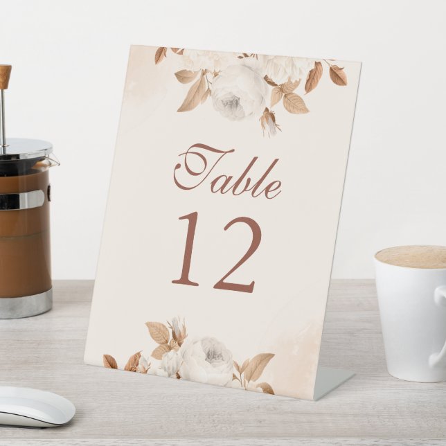 Light Blush and Copper Floral Table Numbers Pedestal Sign (In SItu)