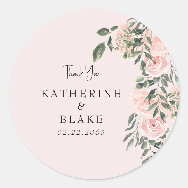 Light Blush Floral Wedding Thank You Classic Round Sticker (Front)