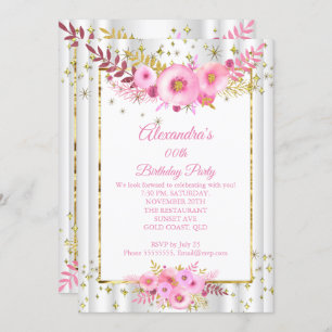 Light Blush Pink White Flowers Gold Birthday Party Invitation