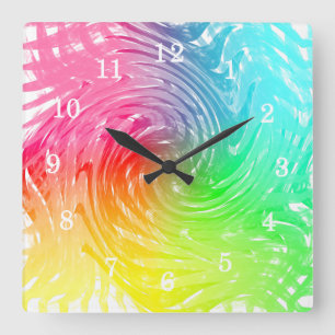 Light Bright Rainbow Abstract Swirly Patterned Square Wall Clock