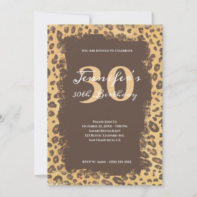 Light Brown and Tan Leopard Grunge 30th Birthday Invitation (Front)