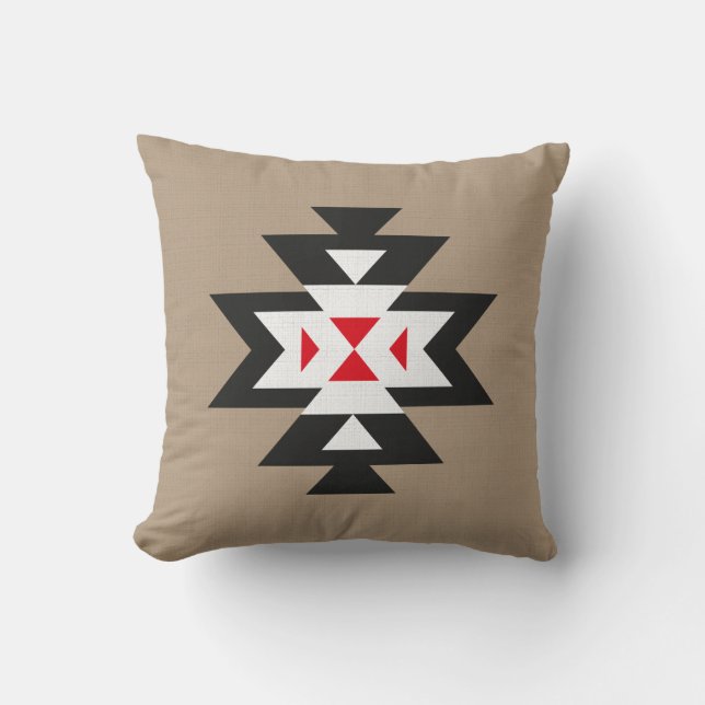 Light Brown Black White Red Aztec Pattern Throw Pillow (Front)