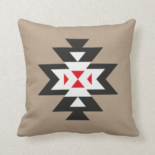 Light Brown Black White Red Aztec Pattern Throw Pillow