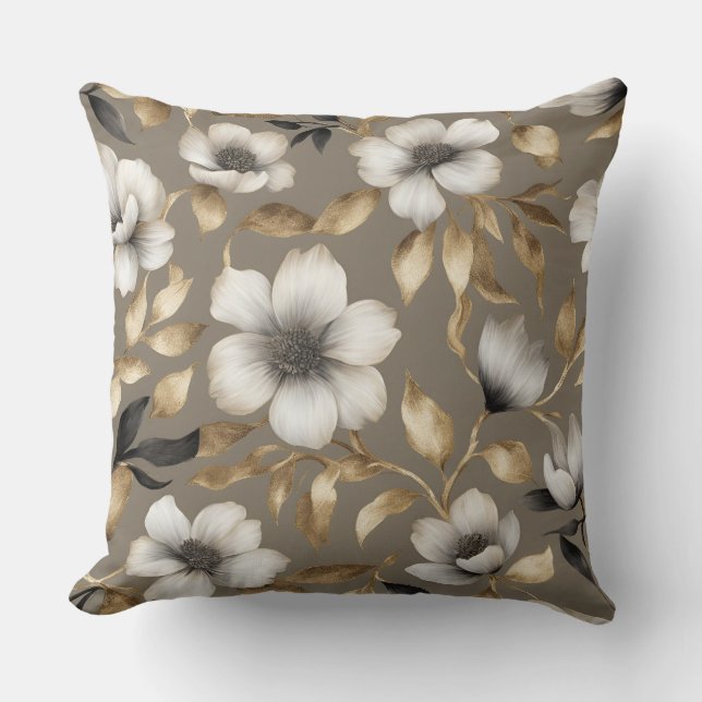 Light Brown Gold Black White Floral Throw Pillow (Front)