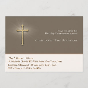 Light Brown, Gold Cross, Religious Invitation