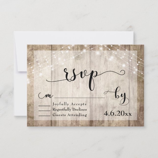 Light Brown Rustic Wood & Lights Wedding RSVP (Front)