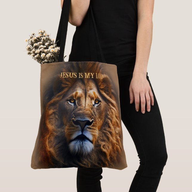 Light Brown Tote Bag Jesus Is My Lord Custom Text (Close Up)