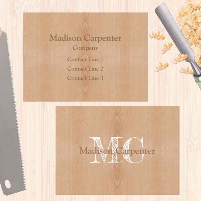 Light brown wood grain Carpenter Monogram Business Card (Custom business card for men, carpenter, wood worker, handy man... )