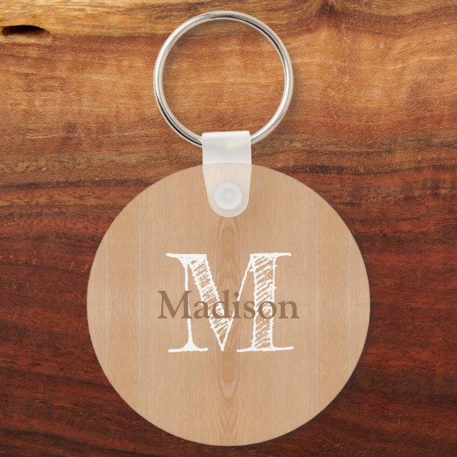 Light brown wood grain Custom Monogram Keychain (Front)