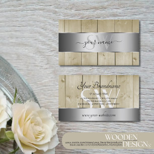 Light Brown Wood Grain Look Monogram Silver Decor Business Card