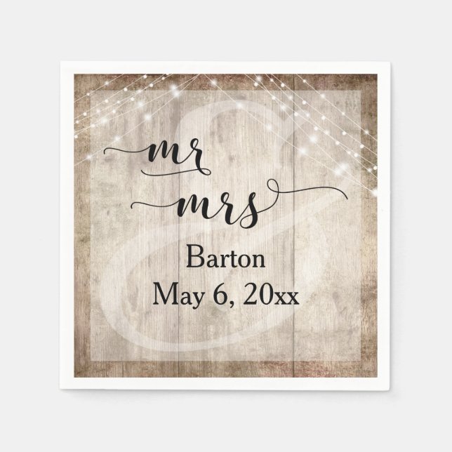 Light Brown Wood & Light Strings Wedding Mr & Mrs Napkin (Front)