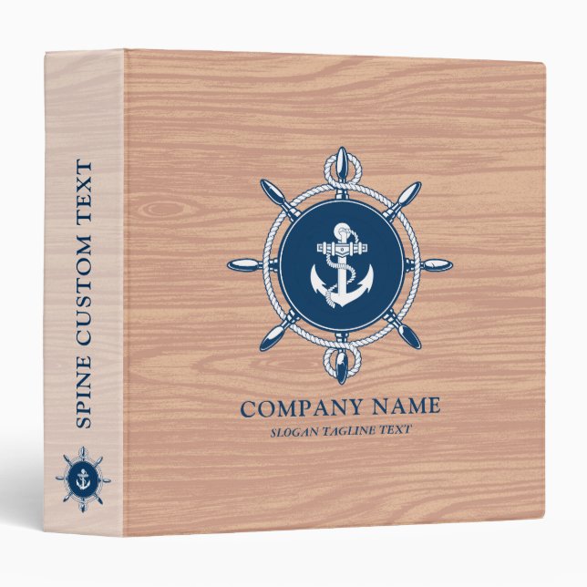 Light Brown Wood & Navy-Blue Boat Wheel & Anchor Binder (Front/Spine)