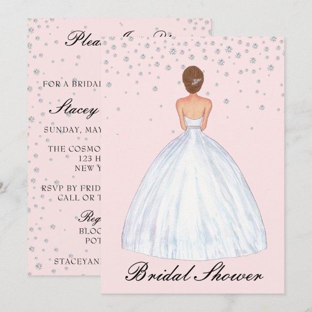 Light Brunette Bride Illustration Bridal Shower Invitation (Front/Back)