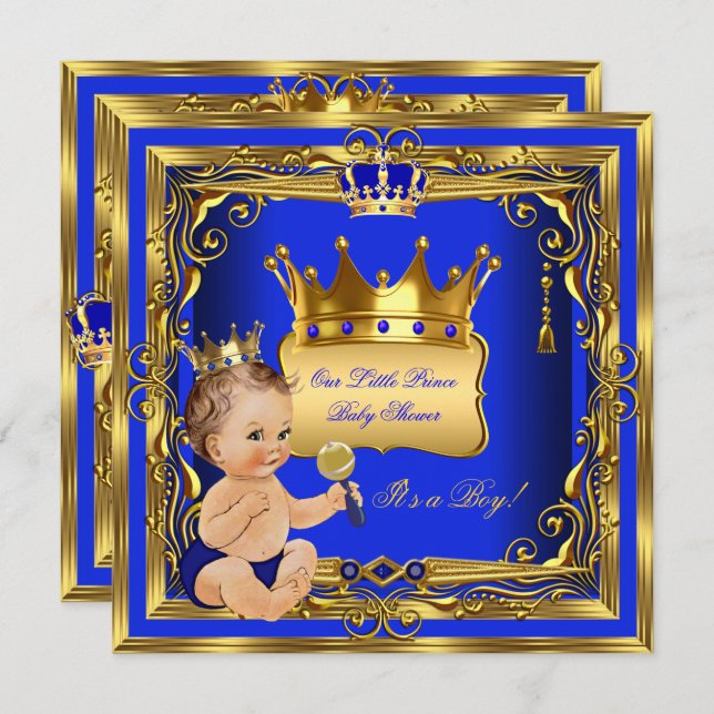Light Brunette Prince Baby Shower Boy Blue Gold Invitation (Front/Back)