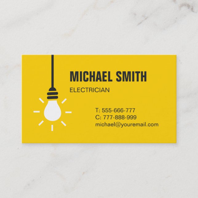 Light Bulb Icon Electrician Yellow Business Card (Front)