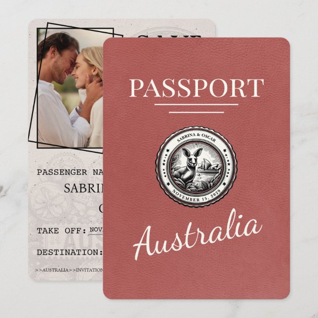 Light Burgundy Australia Passport Save The Date (Front/Back)