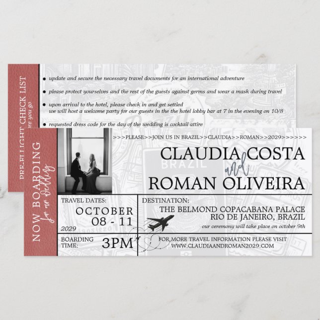 Light Burgundy Brazil Wedding Boarding Pass (Front/Back)