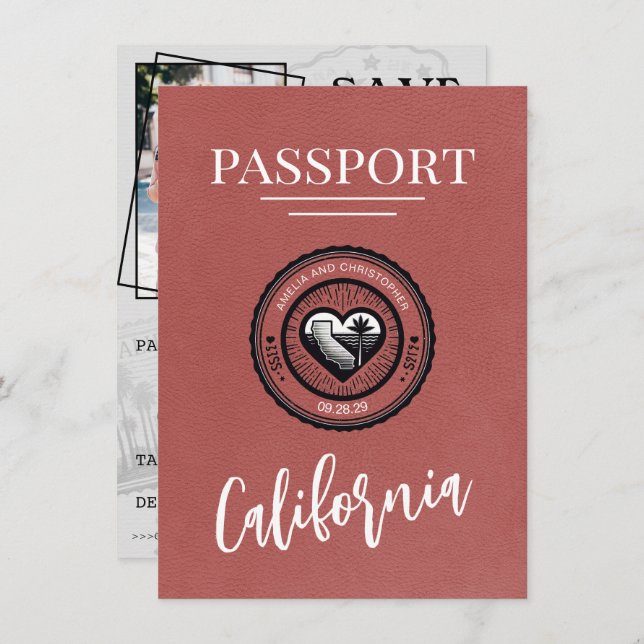 Light Burgundy California Passport Save The Date (Front/Back)