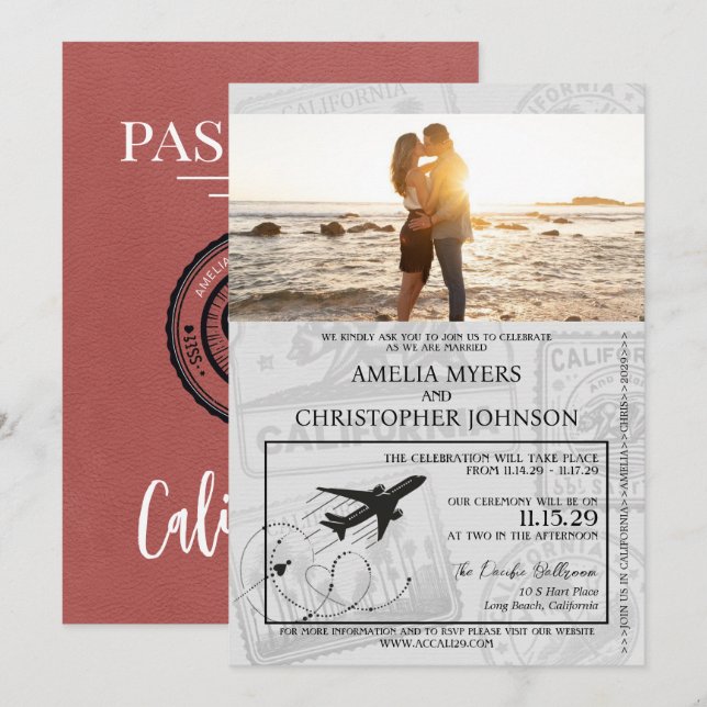 Light Burgundy California Passport Wedding Invitation (Front/Back)
