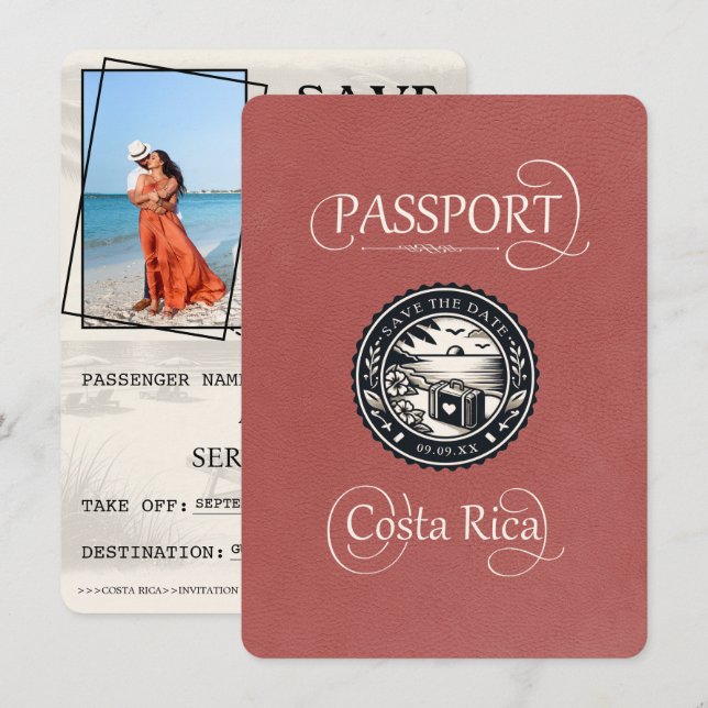 Light Burgundy Costa Rica Passport Save The Date (Front/Back)