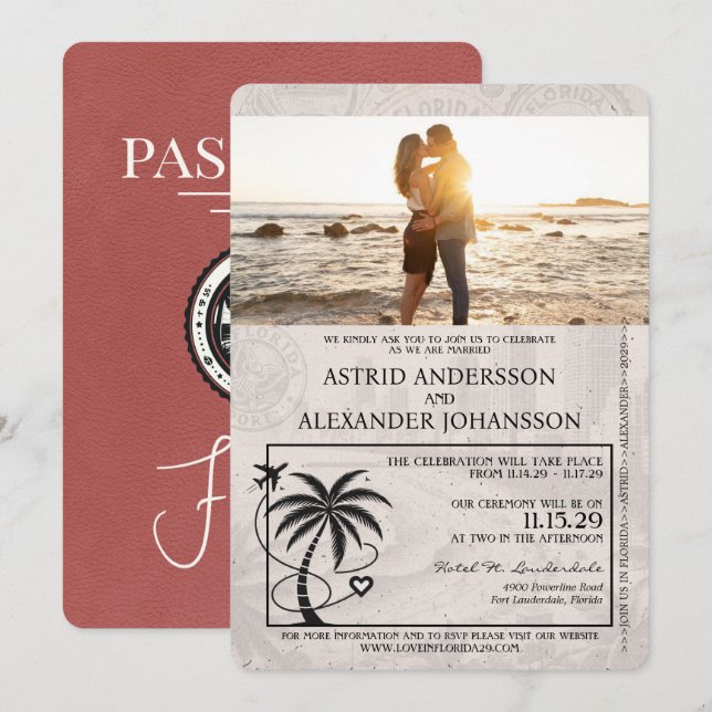 Light Burgundy Florida Passport Wedding Invitation (Front/Back)