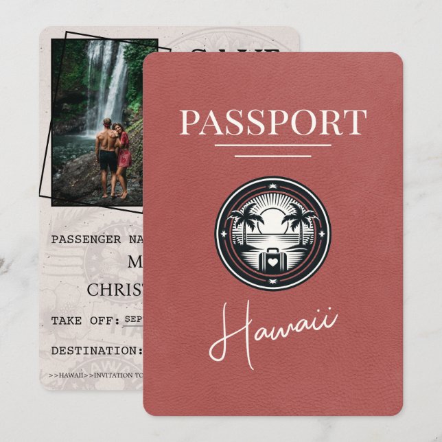 Light Burgundy Hawaii Passport Save The Date (Front/Back)