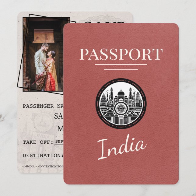 Light Burgundy India Passport Save The Date (Front/Back)