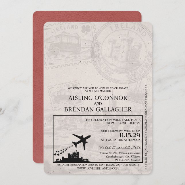 Light Burgundy Ireland Passport Wedding Invitation (Front/Back)