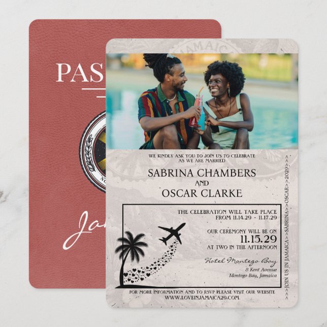 Light Burgundy Jamaica Passport Wedding Invitation (Front/Back)