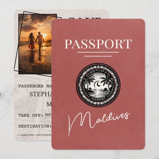 Light Burgundy Maldives Passport Save The Date (Front/Back)