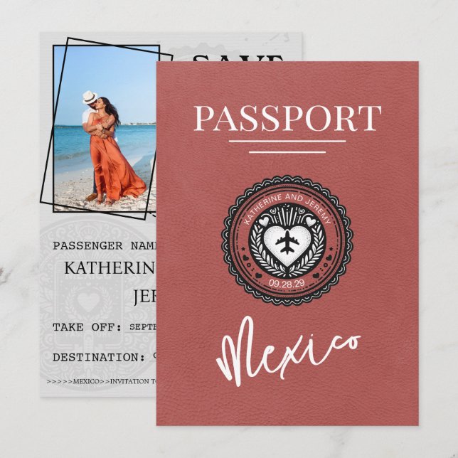 Light Burgundy Mexico Passport Save The Date (Front/Back)